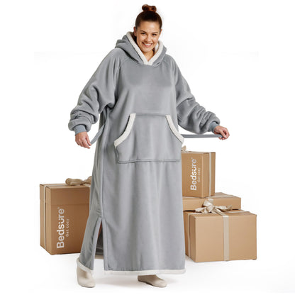 Bedsure Wearable Blanket Hoodie, Long Hooded Blanket Sweatshirt as Christmas Birthday Gifts for Women, Cozy Sherpa Hoodie for Adult, Standard, Grey