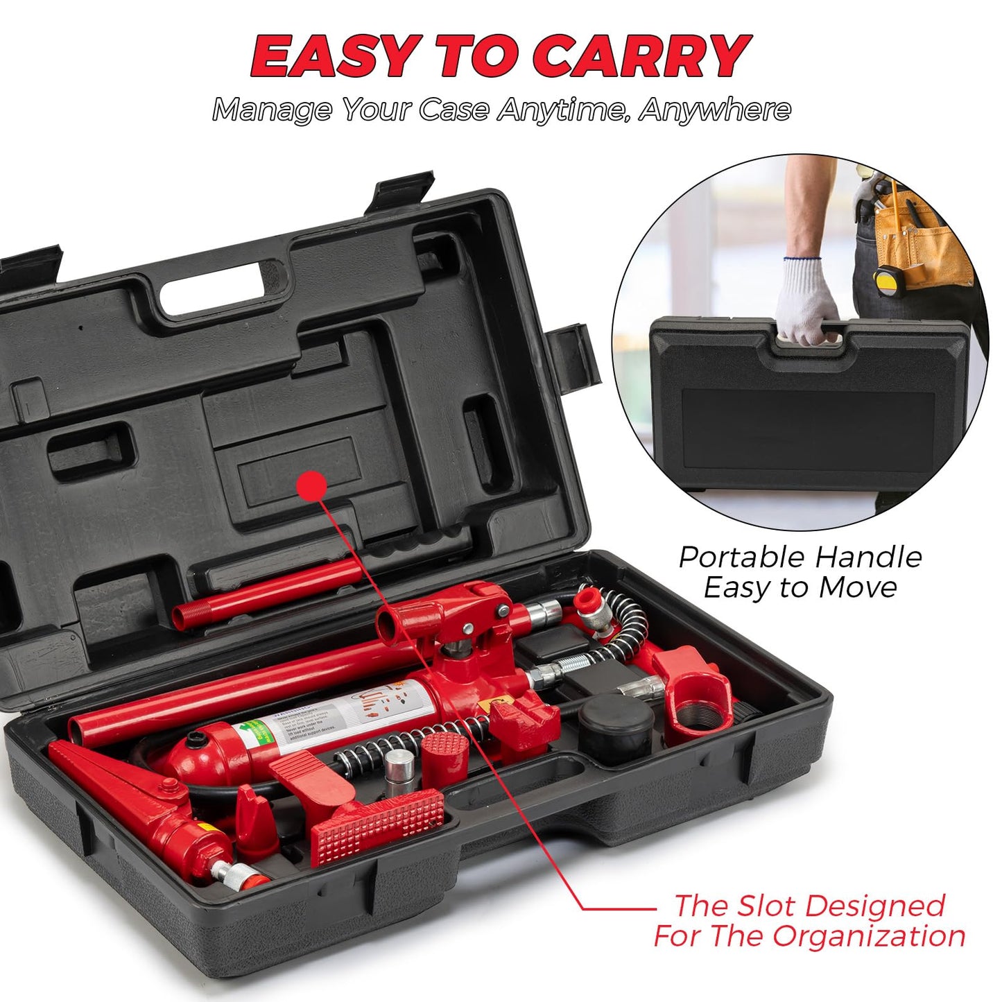 4 Ton Porta Power Hydraulic Jack Kit, 8800 Lbs Capacity Hydraulic Multifunctional Jack with 3.9 ft/1.2 m Oil Hose, Auto Body Frame Repair Kit, Storage Case, for Car Repair, Truck, Garage
