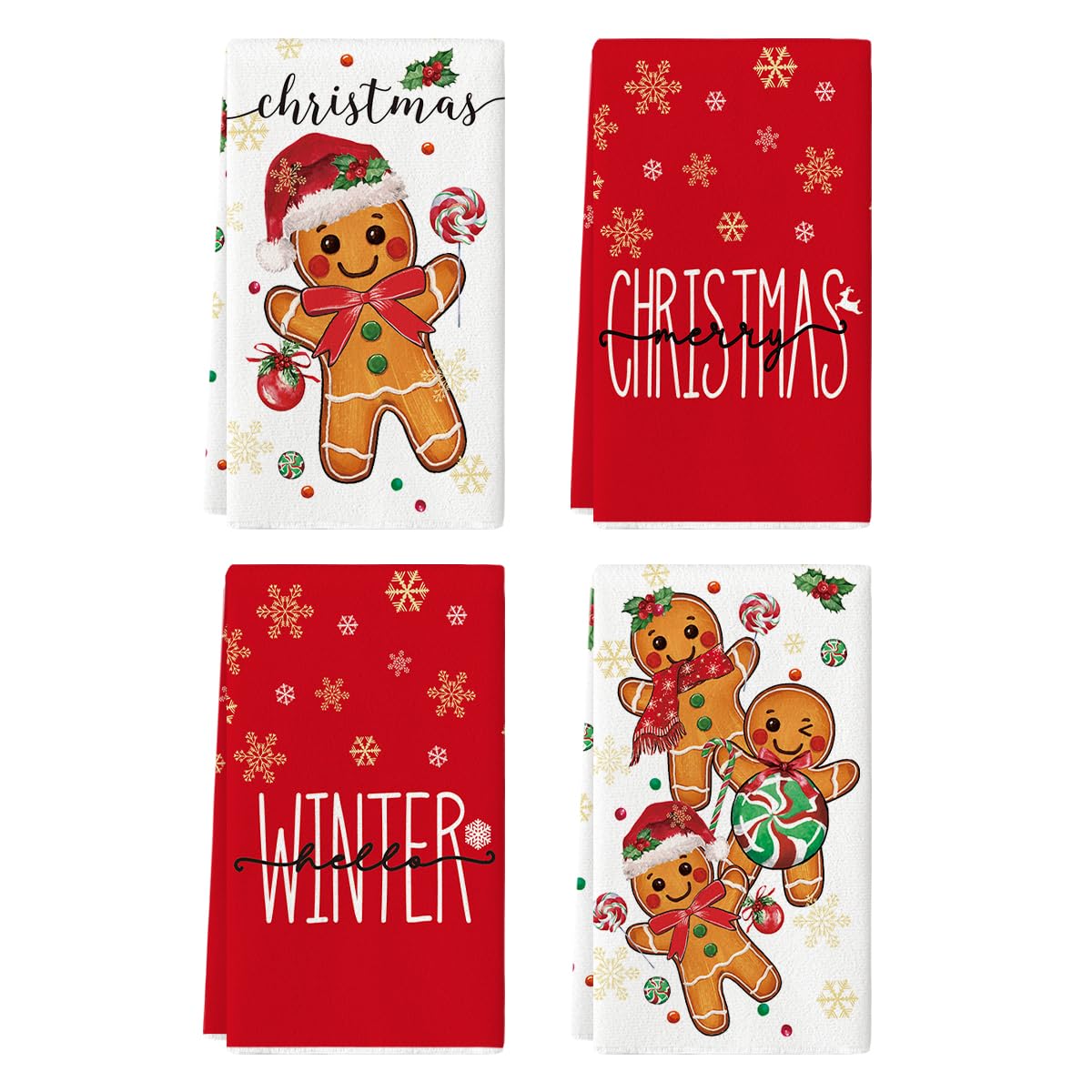 Artoid Mode Gingerbread Candy Merry Christmas Kitchen Towels Dish Towels, 18x26 Inch Holiday Holly Xmas Ball Winter Decoration Hand Towels Set of 4