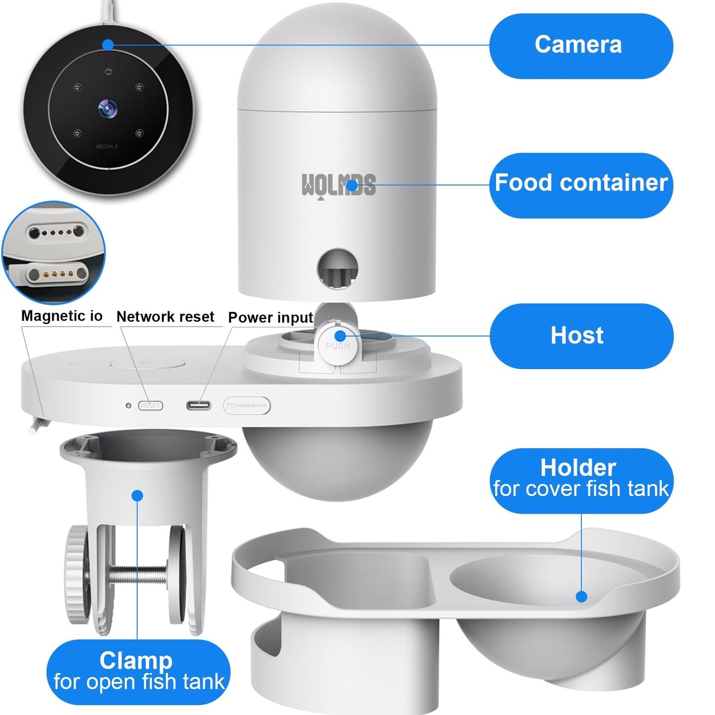 Wolmds WiFi Automatic Fish Feeder with 2.5K Camera, 2.4/5G Smart App Remote Contro & Vacation Feeding Timer, Precision Aquatic Pet Feeder, 230ML Moisture-Proof Fish Food Dispenser for 10+ Gallon Tank