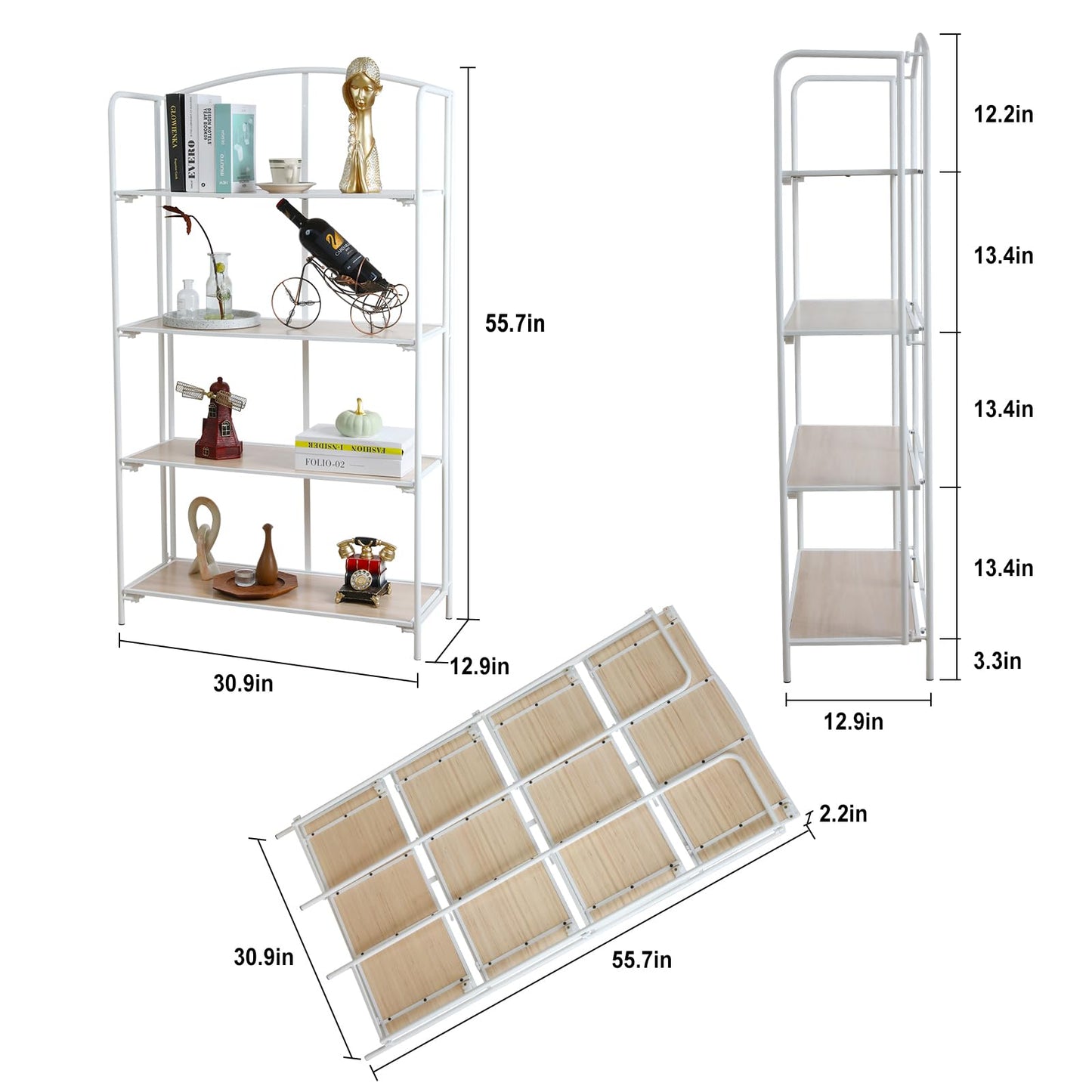 Crofy No Assembly Folding Bookshelf for Living Room, 4 Tier White Collapsible Book Shelf for Home Office, Portable Bookcase Storage Organizer