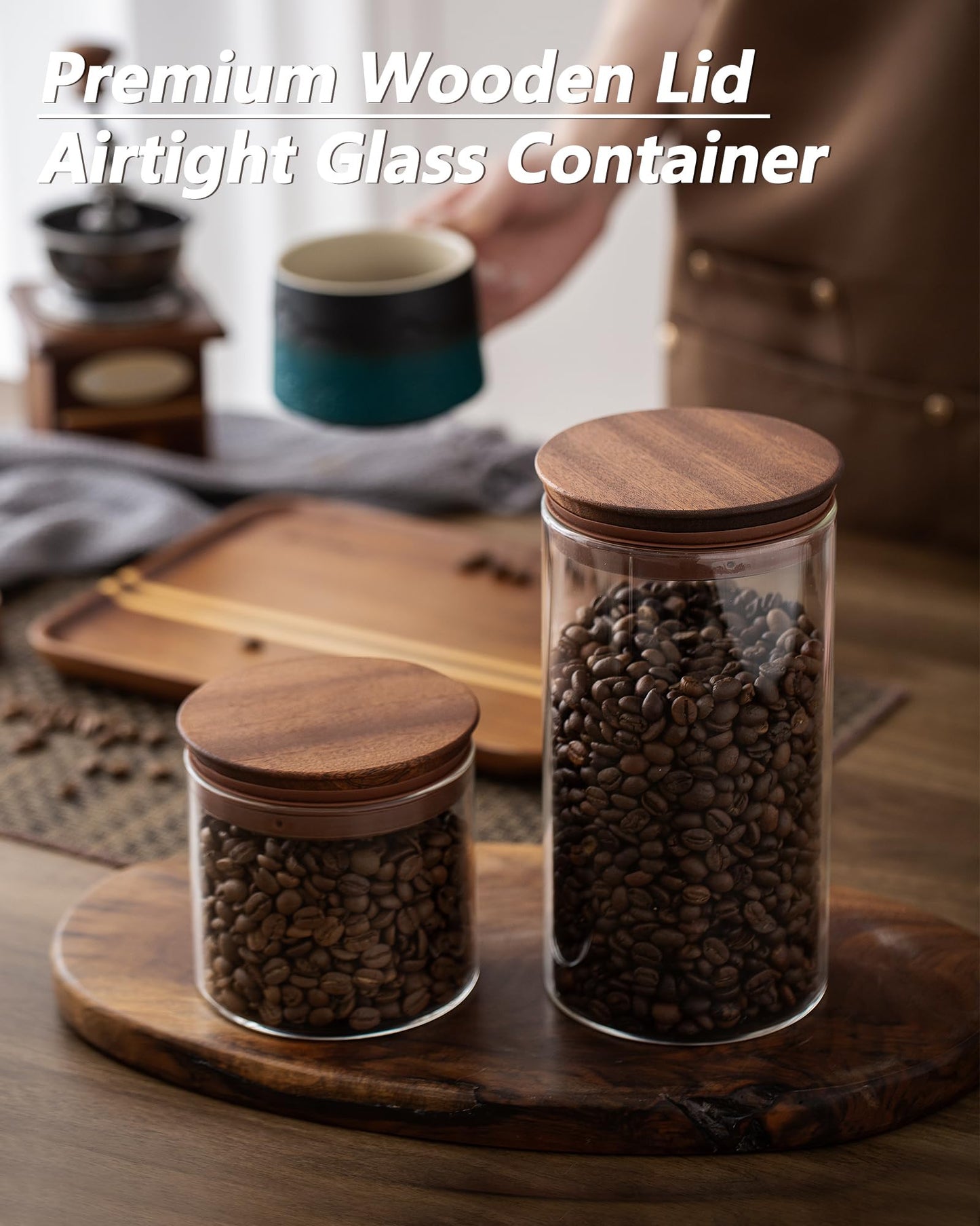 BOILMERIT 17 oz Coffee Canister with Scoop and Wooden Lids, Airtight Glass Coffee Beans Storage Container Sets of 2 for Ground Coffee,Food Storge Jars for Ground Coffee Bar Cereal Snack