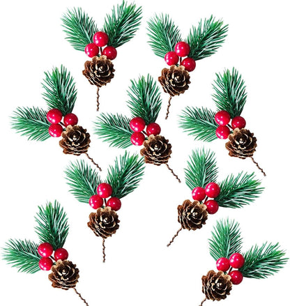Veloshine 10Pcs Christmas Floral Picks with Pine Cone and Holly Berry, Red Berry Branches with Greenery for Holiday Home Decor