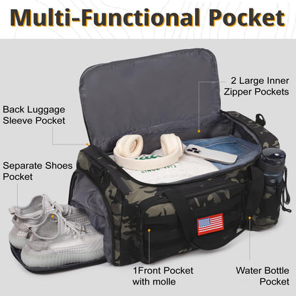 Tactical Gym Bag for Men, 40L Large Capacity Duffle Bags with Shoes Compartment, Sports Bag with wet compartment, Multi-functional Weekend Bags Suitable for Travel, Camping,hiking