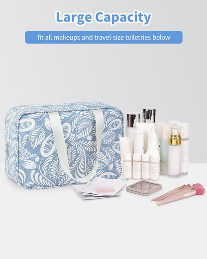 Full Size Toiletry Bag Large Cosmetic Bag Travel Makeup Bag Organizer for Women (Blue Leaf)