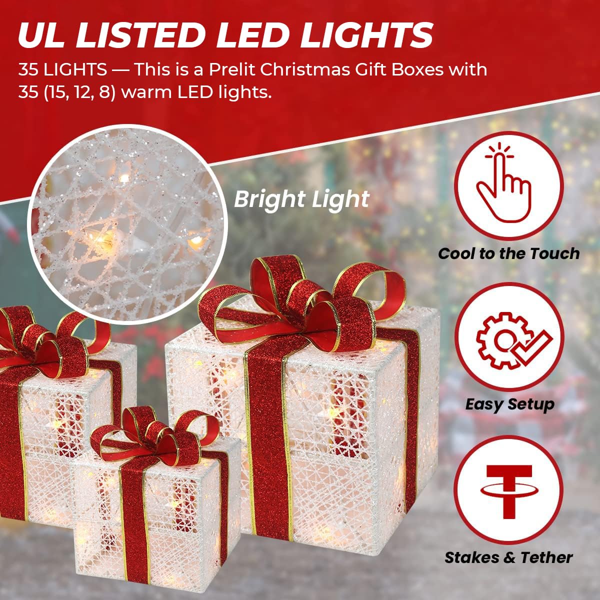 3-Piece Lighted Gift Boxes - Pre Lit Christmas Decoration with Ribbons for Indoor/Outdoor Use (8in) - Weather Resistant Yard Home Decor with Warm UL Lights