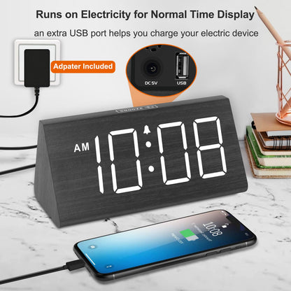 DreamSky Wooden Digital Alarm Clocks for Bedrooms - Electric Desk Clock with Large Numbers, USB Port, Loud Alarm for Heavy Sleepers, Adjustable Volume, Dimmer, DST, Wood Décor Gifts, Adapter Powered
