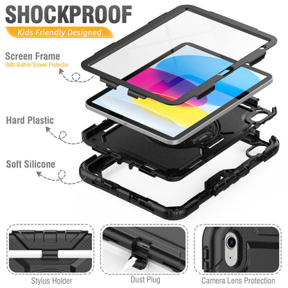 SEYMCY Case for iPad (A16) 11th/10th Generation 2025 (11 inch)/2022 (10.9 inch), Full-body Shockproof with Screen Protector, 360° Rotating Stand & Hand Strap, Carrying Strap, Pencil Holder, Black