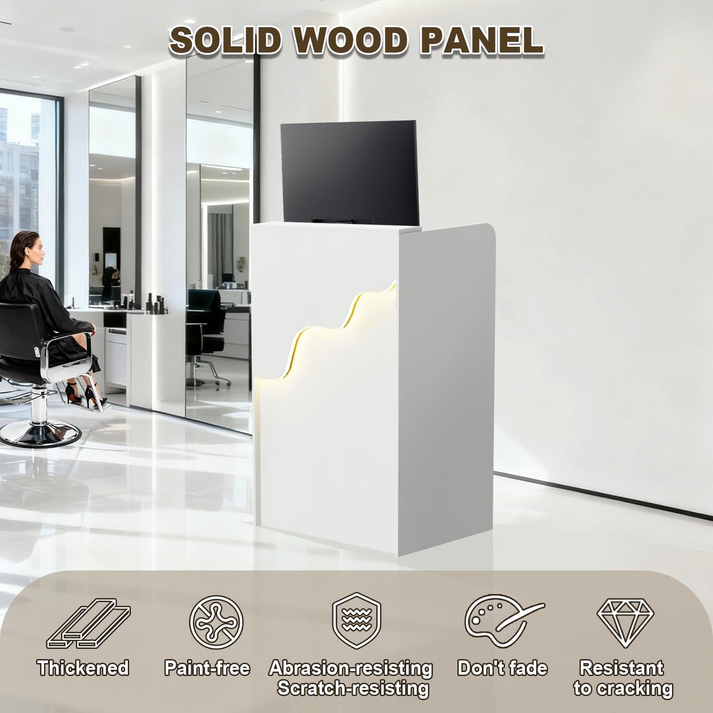 Reception Desk with Counter, Small Modern Front Desk with LED Light and Lockable Drawer, White Reception Table Retail Checkout for Counter for Lobby, Beauty Salon (37.8"L x 23.6"W x 15.7"H)