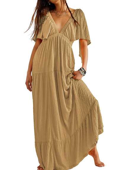 Kikibell Women Summer Dresses Sexy V-Neck Maxi Dress Tiered Silhouette with Flutter Sleeve Backless Elastic Waist Flowy Dress