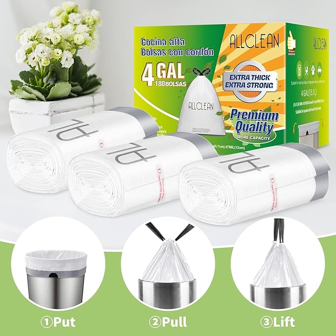 ALLCLEAN 4 Gallon Small Trash Bags, 180 Bags Unscented Small Garbage Bags
