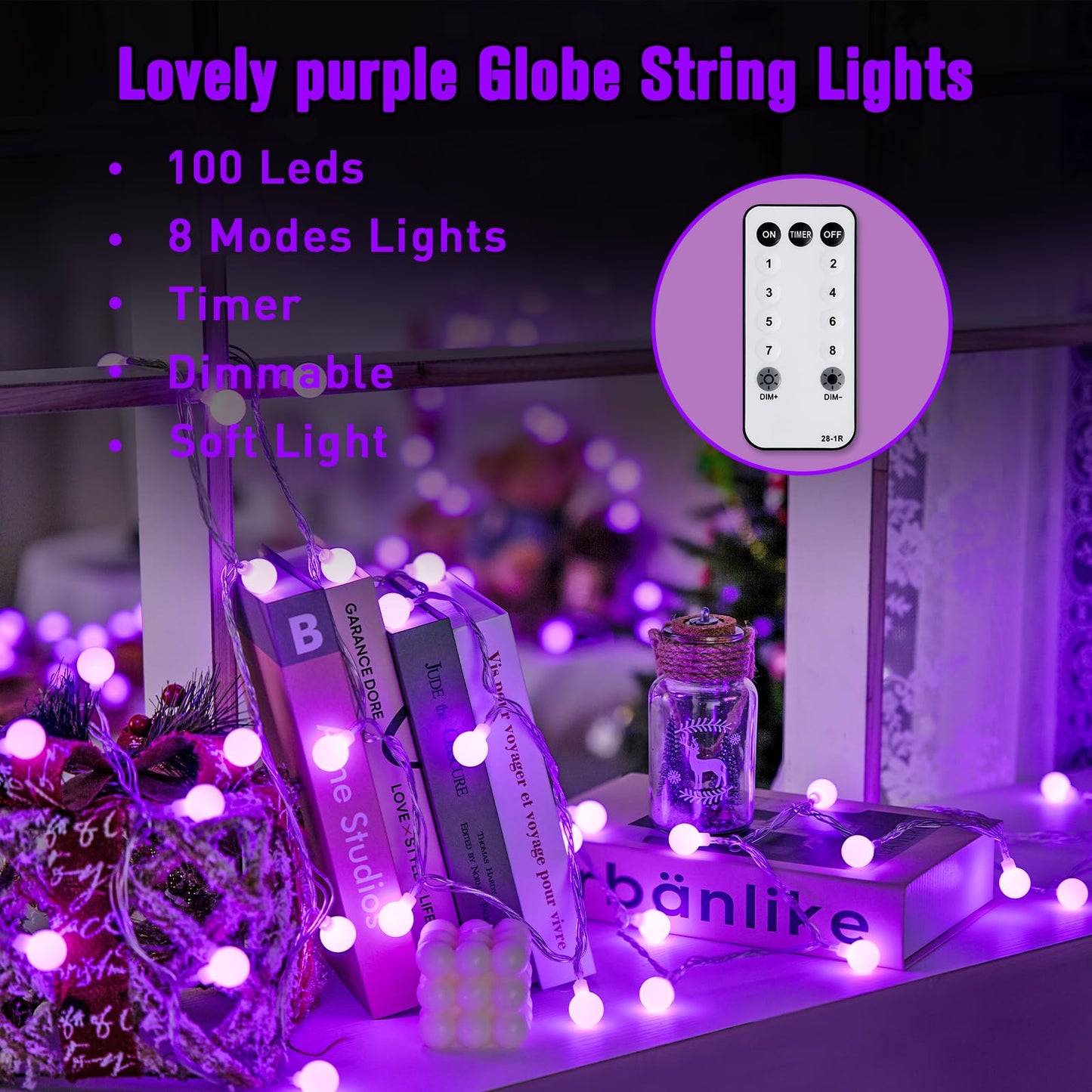 JMEXSUSS Purple Christmas Lights Indoor, Connectable 100 LED Globe String Lights Plug in with Remote, 33 ft 8 Modes Purple String Lights Outdoor for Bedroom Room Party Christmas Decor