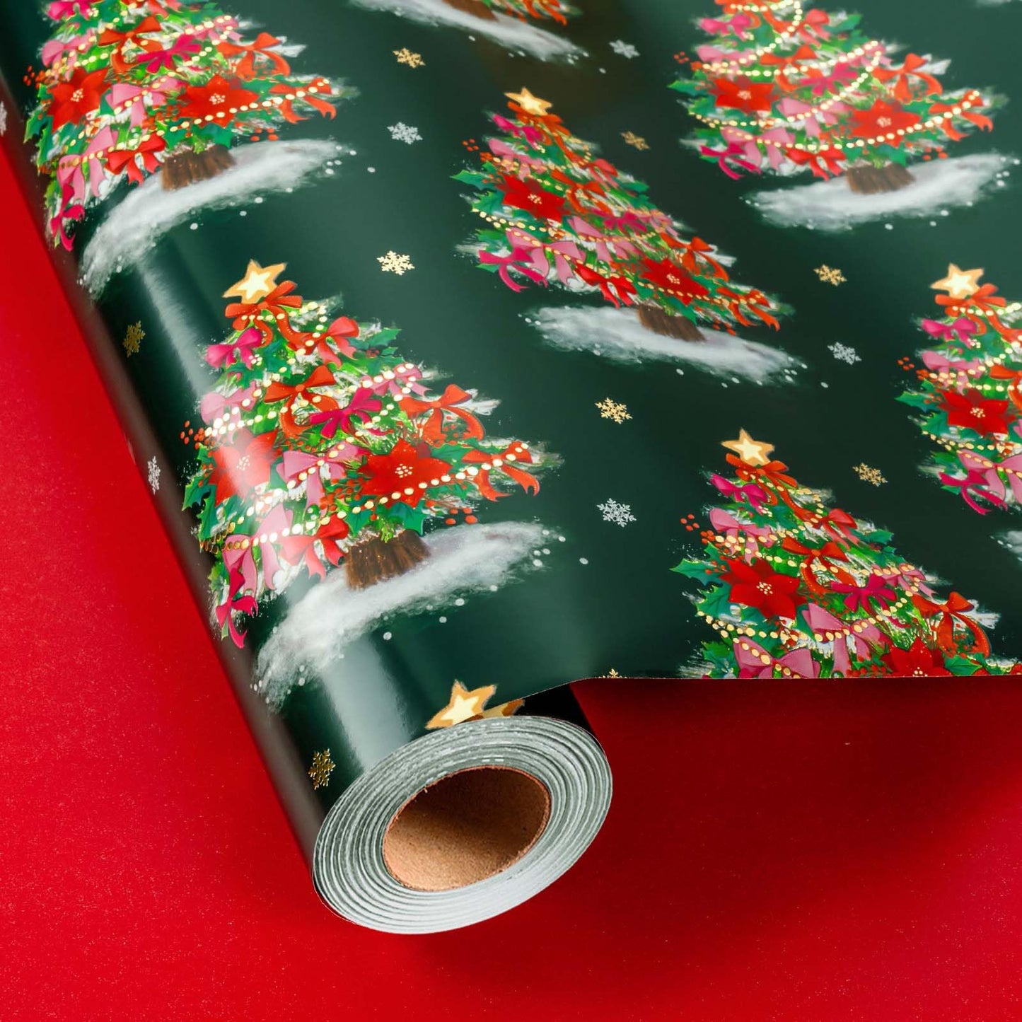 Burymento Christmas Wrapping Paper, Reversible Green Christmas Tree with Red Bow Design Gift Wrapping Paper Suitable for Holiday, Mini Roll (17 Inch X 32.8 Feet)