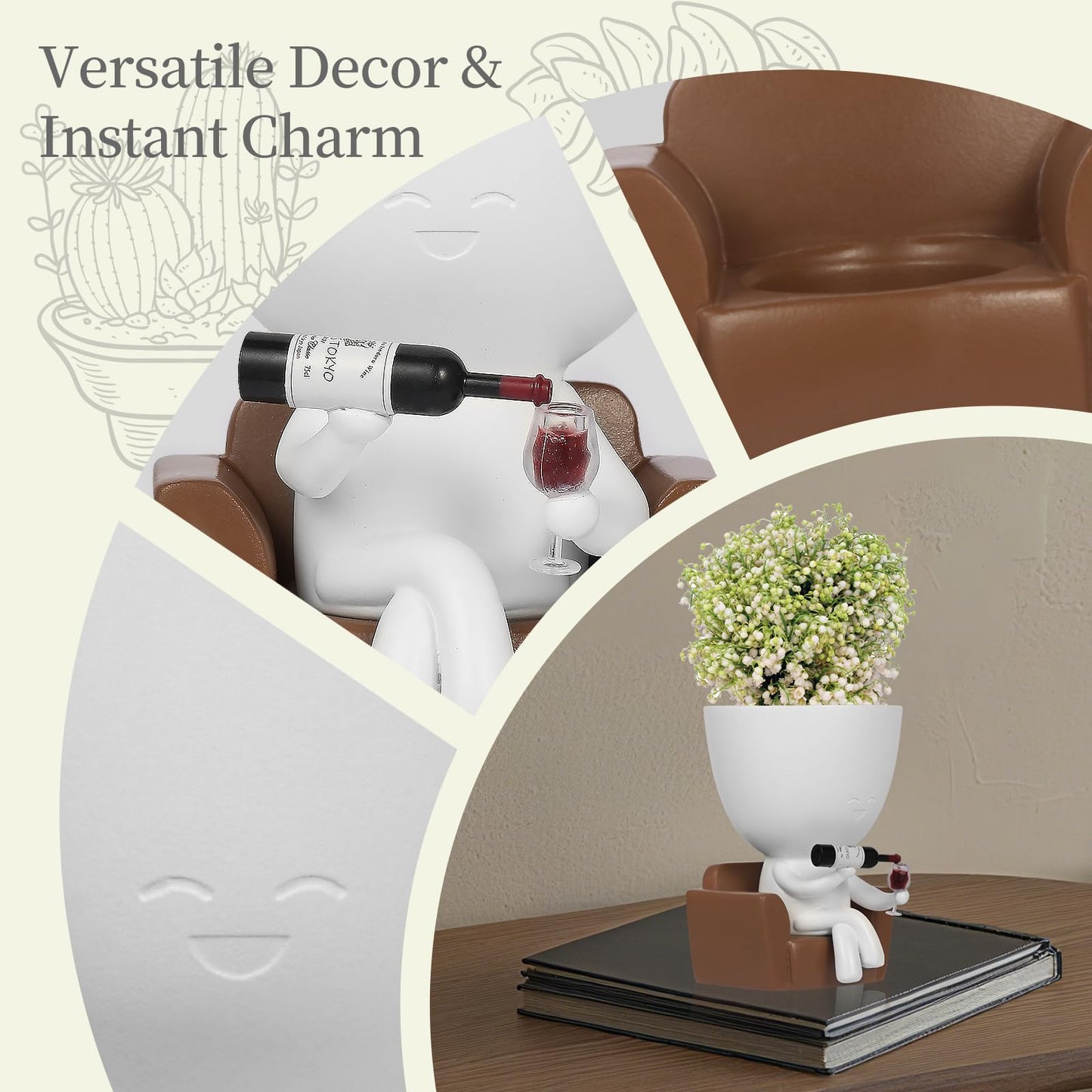 Wnsamoddy Funny Face Planter Pots with Drainage - Resin Head Flower Pot for Indoor Outdoor Succulents Cactus, Unique White Elephant Gifts for Wine & Plant Lovers, Home Office Desk Decor