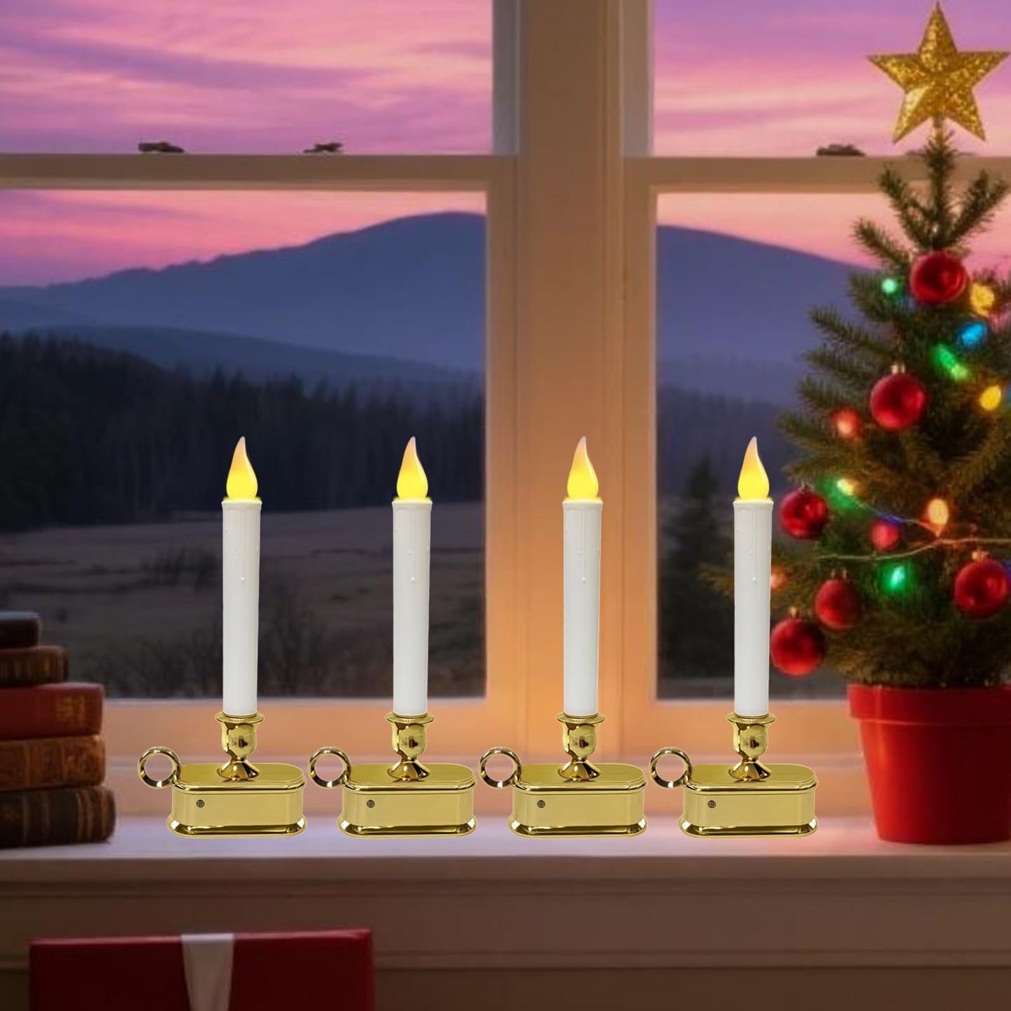 CHYSUPER 4Pack Dusk to Dawn Window Candles Battery Operated, Flameless LED Candles with Light Sensor & 3 Modes, Realistic Flickering Flame for Christmas Holiday Decor