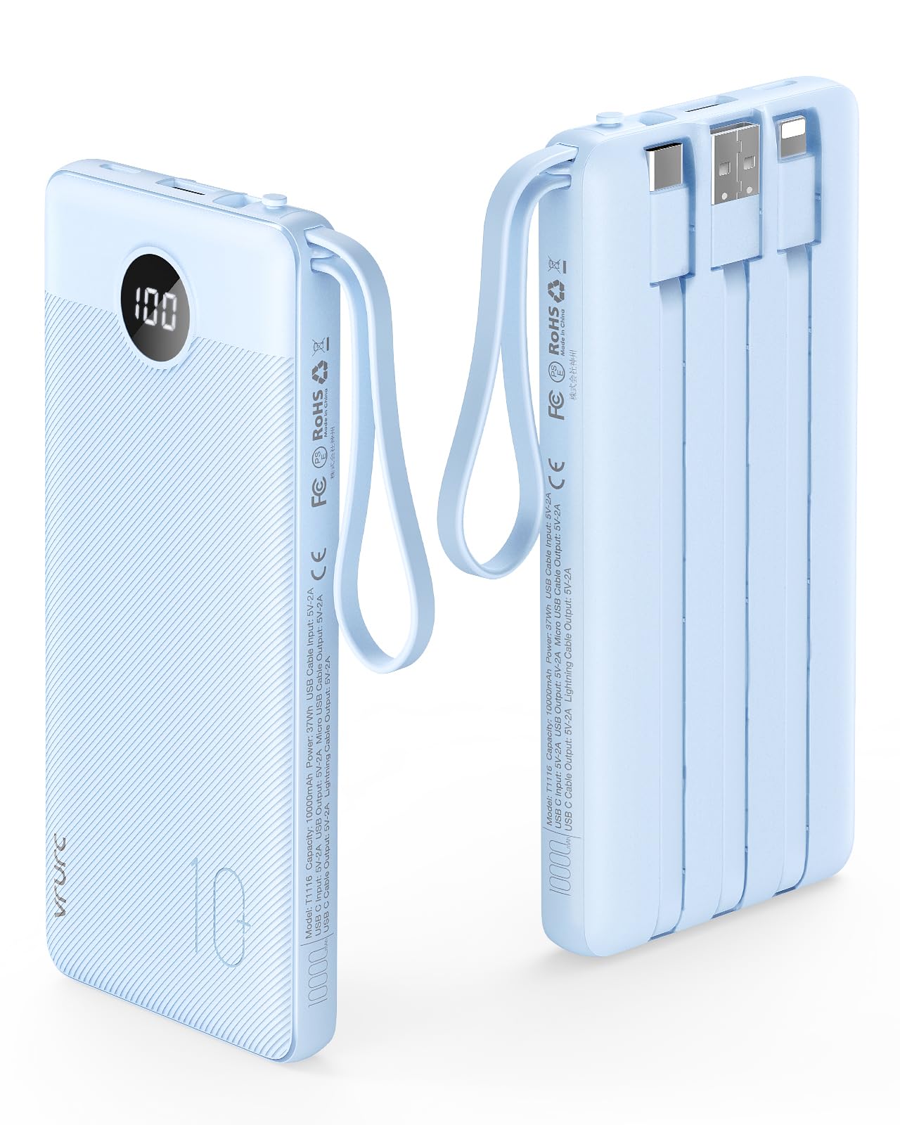 VRURC Portable Charger with Built in Cables, Slim Power Bank 10000mAh, USB C Battery Pack Travel Essential, 5 Outputs 2 Inputs Phone Charging Bank for iPhone 16 15 14 13,Samsung,Android-Black(1 Pack)