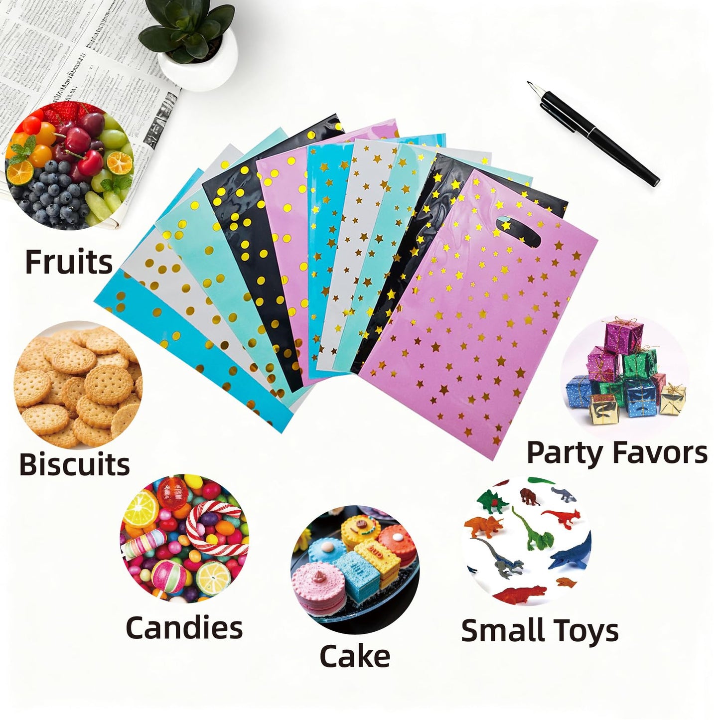 TianheInnove 100 PCS Plastic Party Favor Bags, 6.7 x 9.8 Inch Small Bulk Goodie Treat Gift Bags for Kids Birthday, Baby Shower, Wedding, Thanksgiving, Christmas & New Year