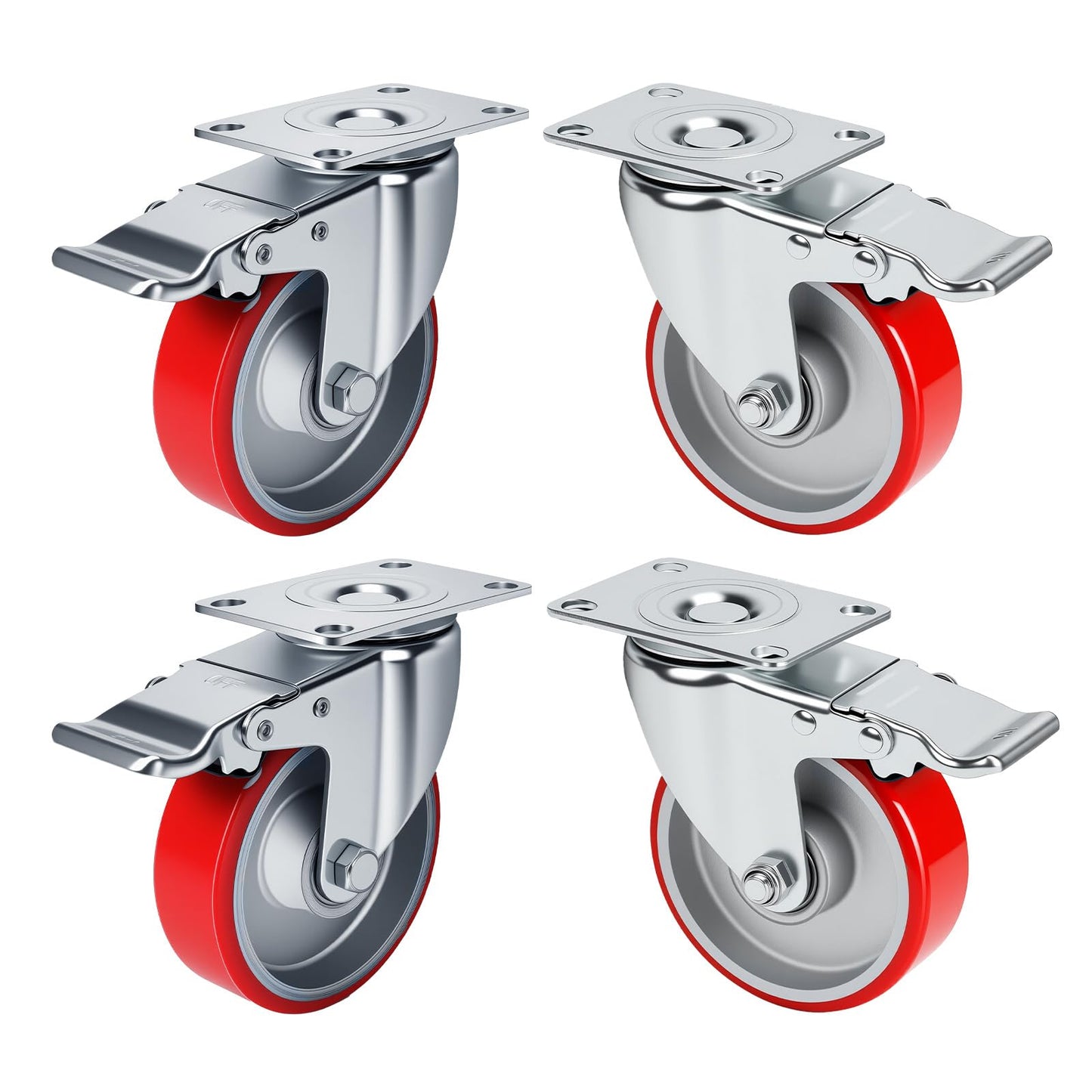 4 Inch Caster,Heavy Duty Caster Wheels Set of 4,Load 2000 Lbs,Polyurethane Steel Wheels,Swivel Wheels with Brake for Trolleys,Warehouse Cargo Handling,Workbench(4Brake)
