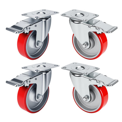 4 Inch Caster,Heavy Duty Caster Wheels Set of 4,Load 2000 Lbs,Polyurethane Steel Wheels,Swivel Wheels with Brake for Trolleys,Warehouse Cargo Handling,Workbench(4Brake)