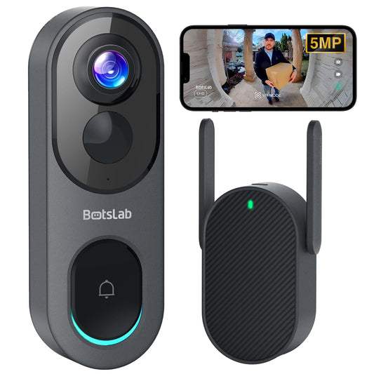 BOTSLAB 5MP Wireless Video Doorbell Camera, No Monthly Fee, 5GHz WiFi, 180° Head-to-Toe View, AI Motion Detection, VR Mode, Battery or Wired Powered, Easy Installation, Weatherproof