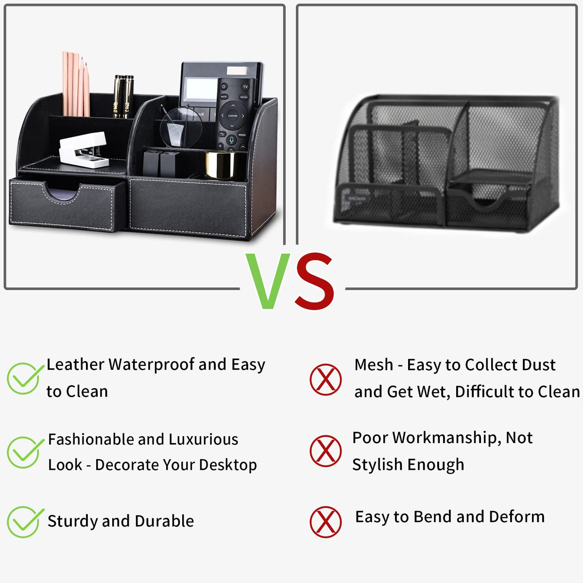 KINGFOM Pu Leather Desk Organizer Pen Pencil Holder Office Supplies Caddy Storage Box 6 Compartments with Drawer Black