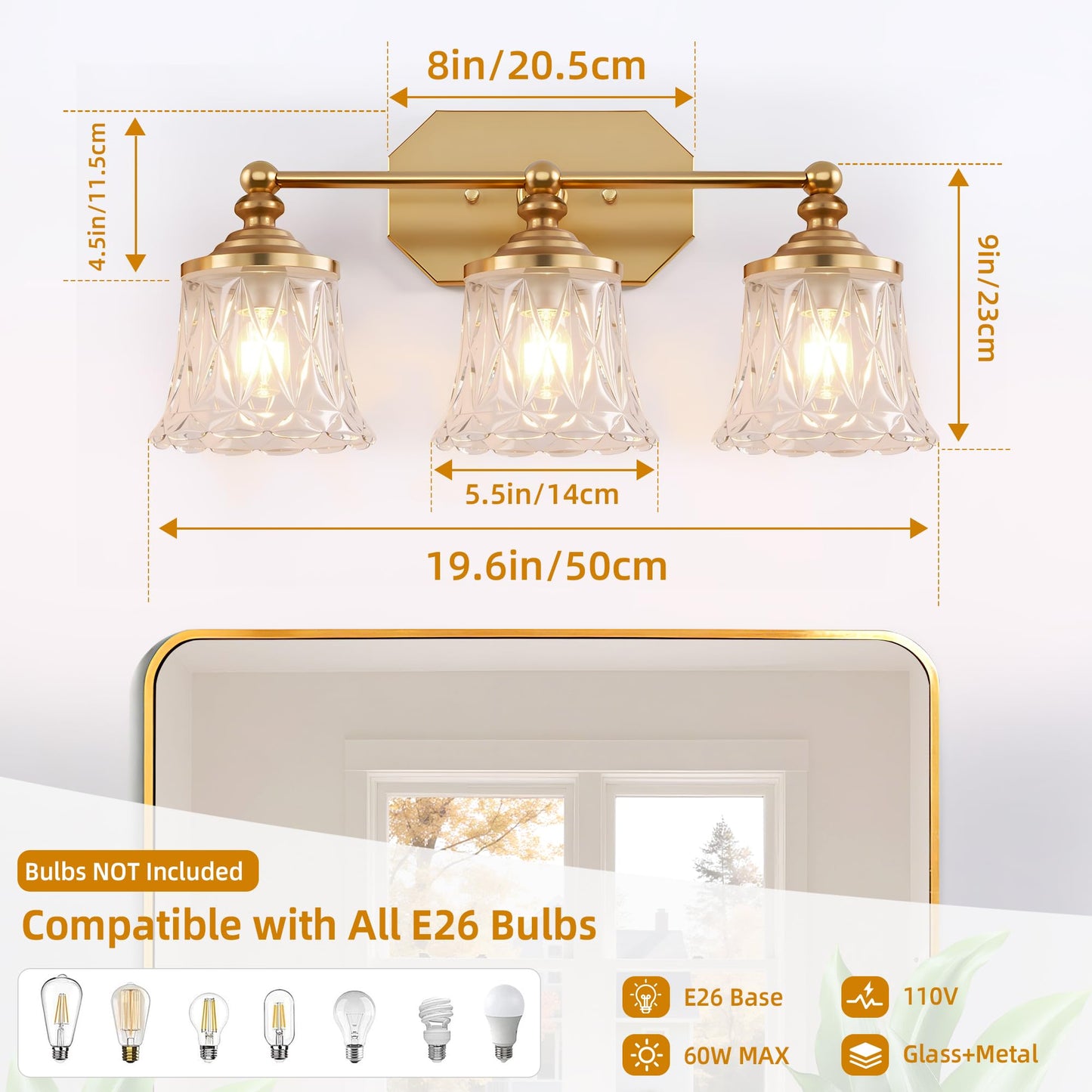 EvmVom Vintage Bathroom Vanity Light Fixtures, Gold 3-Light Vanity Light, Antique Bathroom Lighting Fixtures Over Mirror with Crystal Glass Shade, Vanity Lights for Bedroom Living Room Hallway