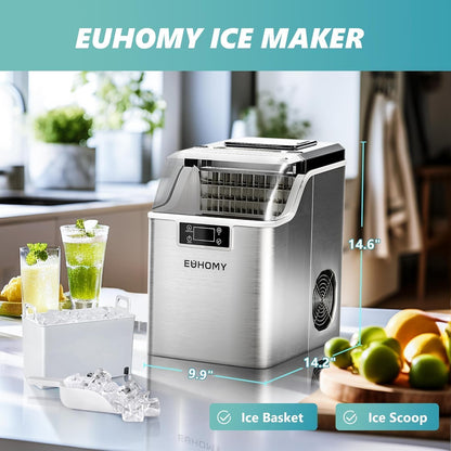 EUHOMY Ice Cube Maker Machine Countertop, 2 Ways to Add Water, 45Lbs/Day 24 Pcs Ready in 13 Mins, Auto-Cleaning Portable Compact, with Ice Scoop & Basket, Perfect for Home/Kitchen/Office/Bar (Silver)