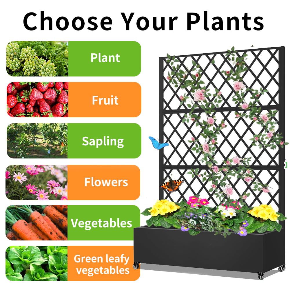 Metal Planter Box with Privacy Screen Trellis,Galvanized Raised Garden Bed On Wheels for Climbing Plants Vines, Standing Garden Flower Bed with Drainage Holes (Black, 47" L x16 W x 73" H)
