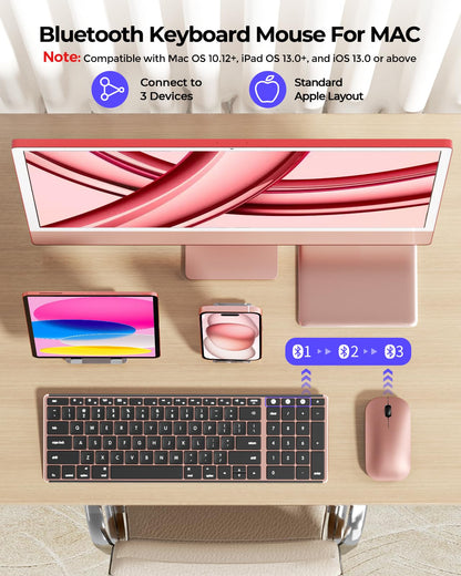 seenda Bluetooth Keyboard and Mouse for Mac, SKM64-2 Multi-Device Rechargeable Slim Wireless Keyboard Mouse Stainless Steel Full Size, Compatible with MacBook Pro/Air, iPad, Mac - Space Gray