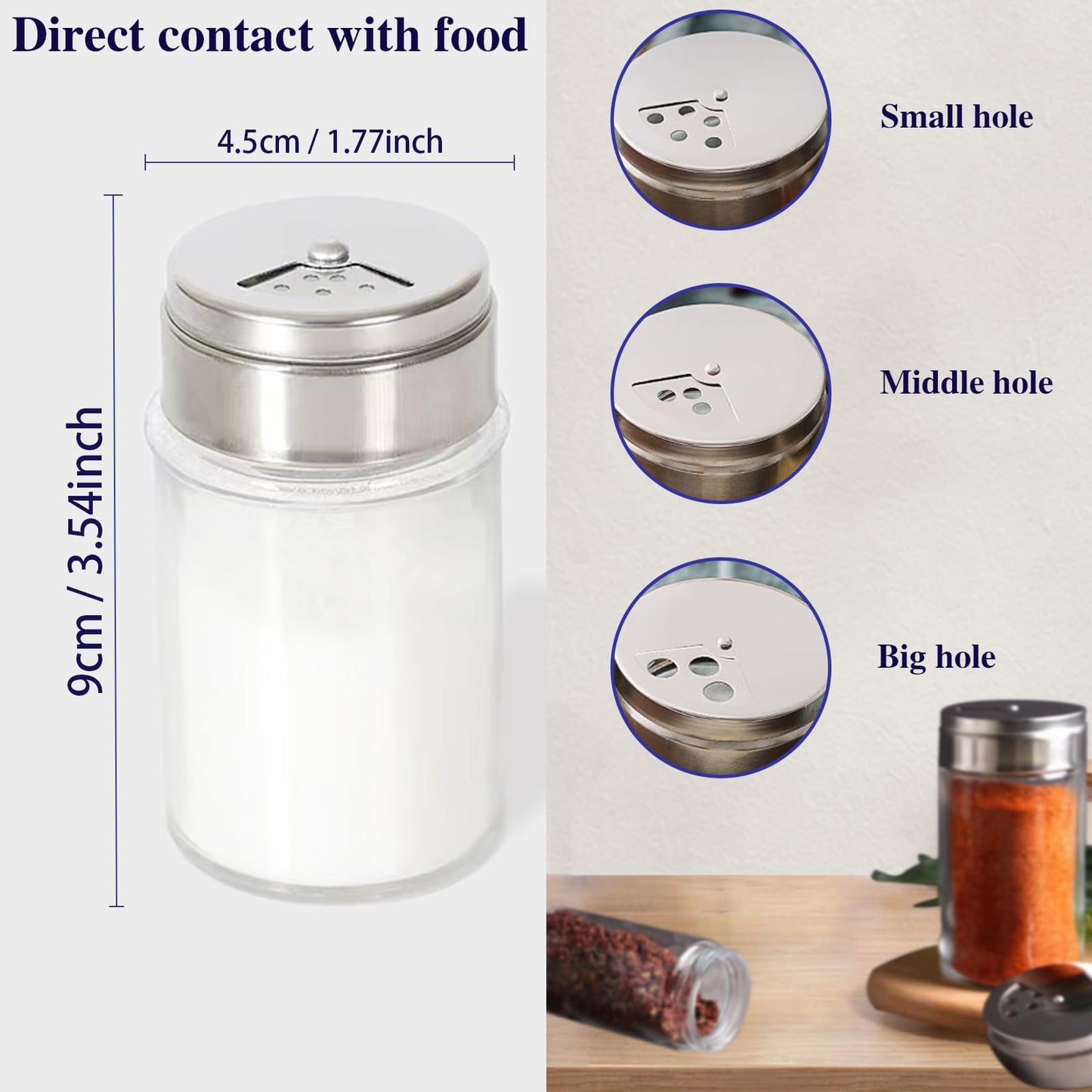 4pcs Salt and Pepper Shakers Set, Salt Shaker and Pepper Shaker with Adjustable Pour Holes, Pepper and Salt Container with Stainless Steel Lid,Glass Salt and Pepper Shakers,Spice Shaker for Kitchen