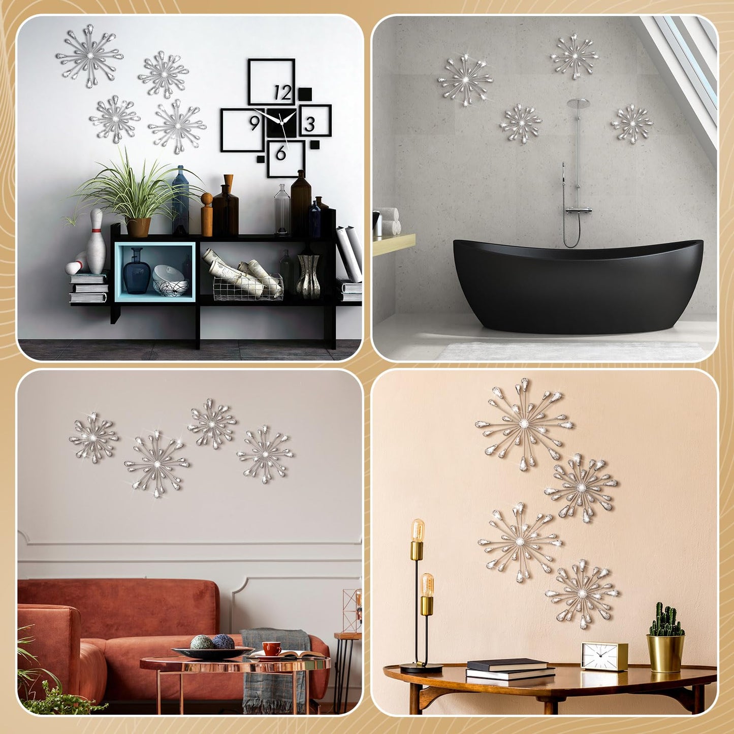 Hicarer 4 Pcs Starburst Wall Decor Bling Wall Art Crystal Teardrop 3D Hanging Rhinestone Radial Metal Artwork Modern Accent Sculptures Decorations for Living Room Home Office Bedroom(Silver)