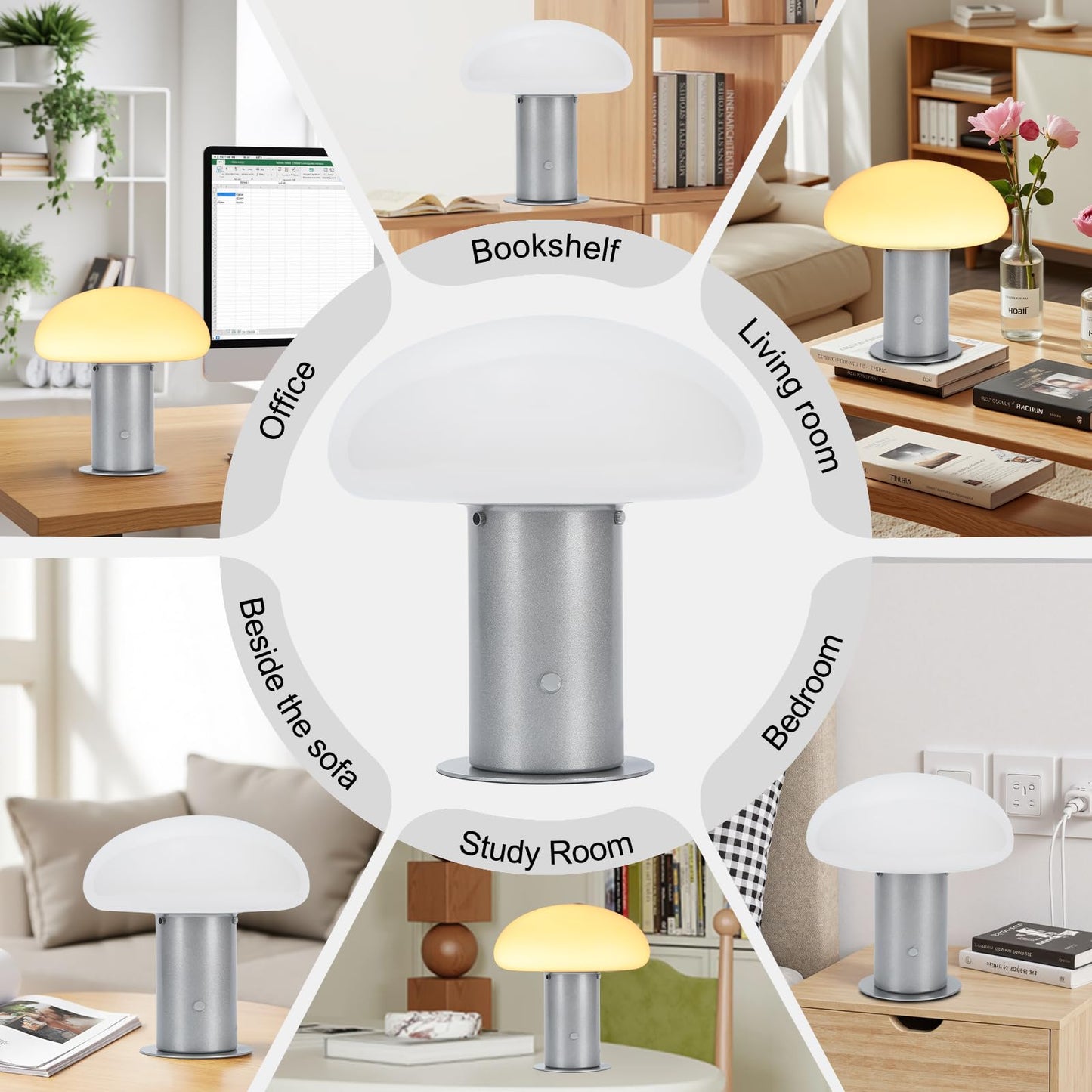 BNYFDC Mushroom Lamp, Retro Table Lamp with Touch Control Switch, 3 Way Dimmable Nightstand Lamp for Bedroom and Living Room, 6W LED Bulb Included (Silver)