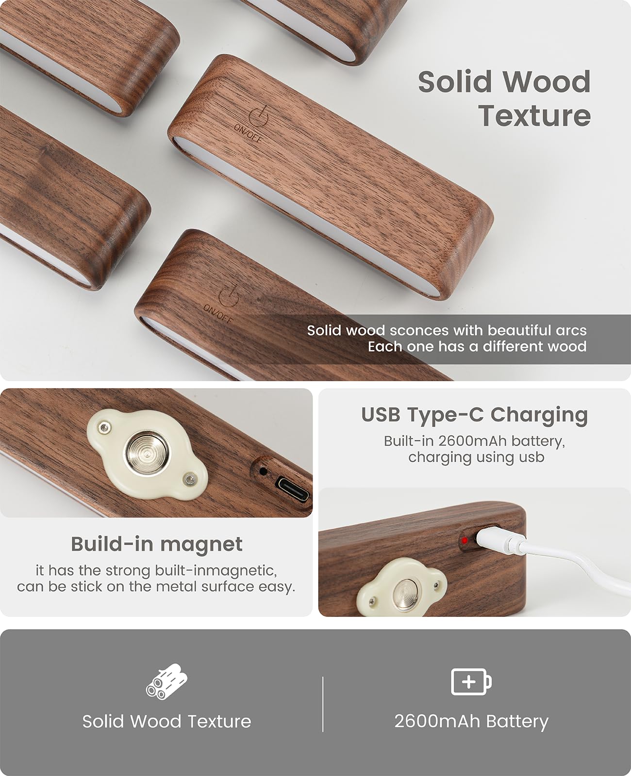 Wood LED Wall Sconce Magnetic 360°Rotate Mounted Mini Lamp Brightness Adjustable Nightlights Rechargeable Battery Powered Reading Light for Bedside Hallway Living Room Black Walnut Set of 2