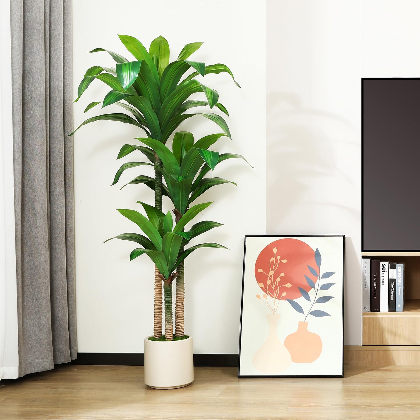OAKRED Artificial Dracaena Tree 5ft, Tall Fake Dracaena Plants with White Planter, Faux Dragon Tree Indoor Floor Plant for Home Decor Office Living Room Porch Housewarming, 1Pcs