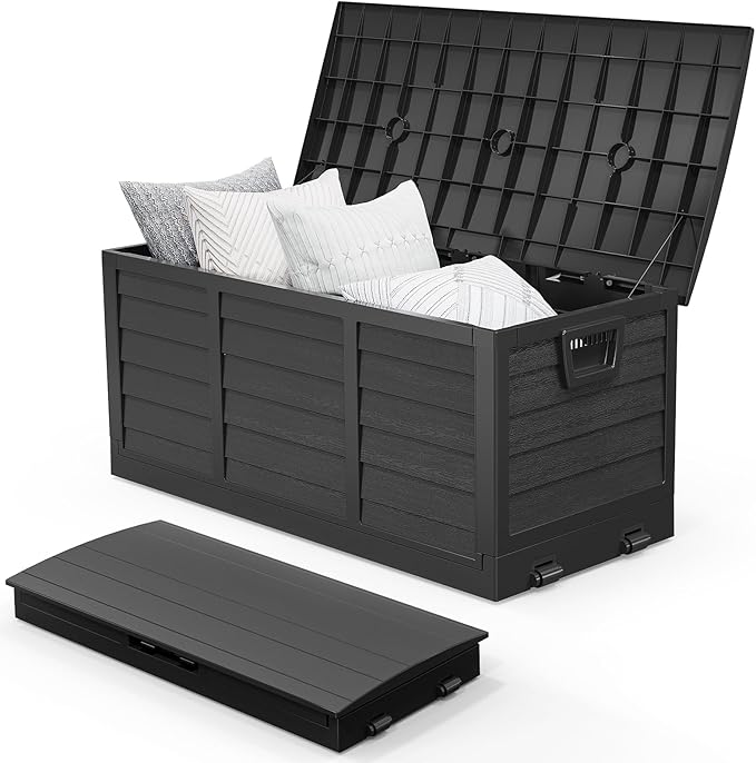 VINGLI 75 Gallon Collapsible Outdoor Storage Box, Simple-to-assemble Plastic Storage Containers with Lid, Patio Deck Box Furniture for Garden, Pool, Balcony, Yard (Full Black)