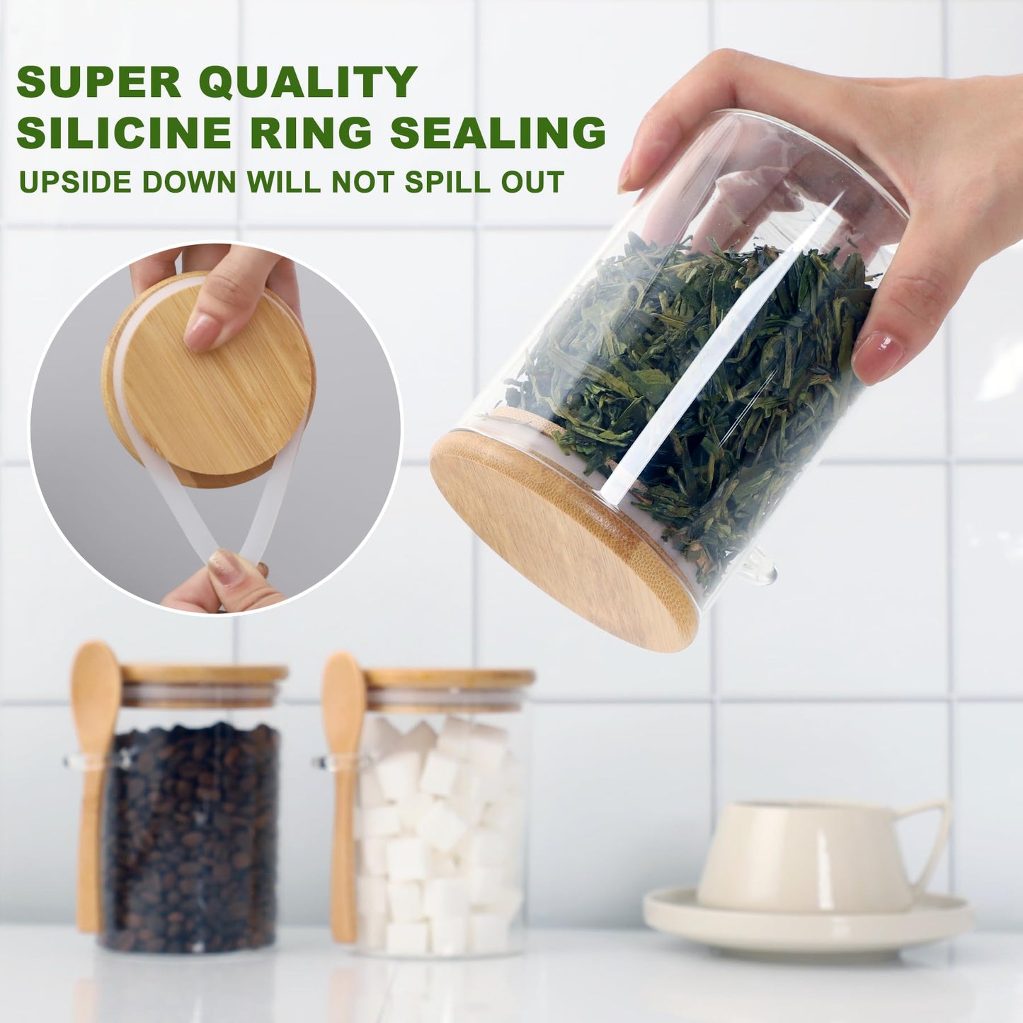 TIPGO Sugar Jar Bath Salt Container – 17 oz Glass Jar with Bamboo Lid and Spoon, Sugar Cube Holder and Canister for Countertop, Glass Containers for Coffee Beans, Tea and Overnight Oats (4 Pack)