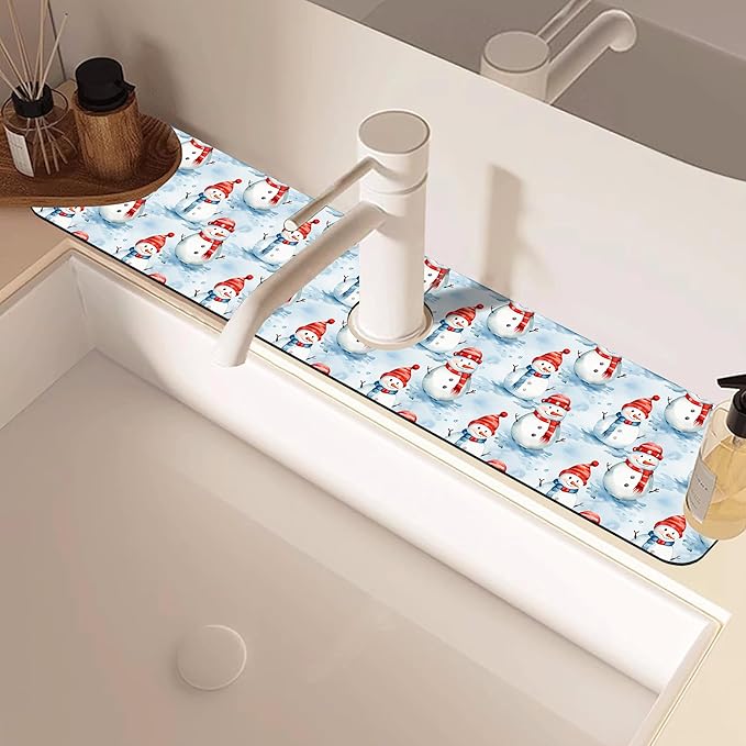 Christmas Snowman with Hat Kitchen Sink Splash Guard Mat Absorbent Fast Drying