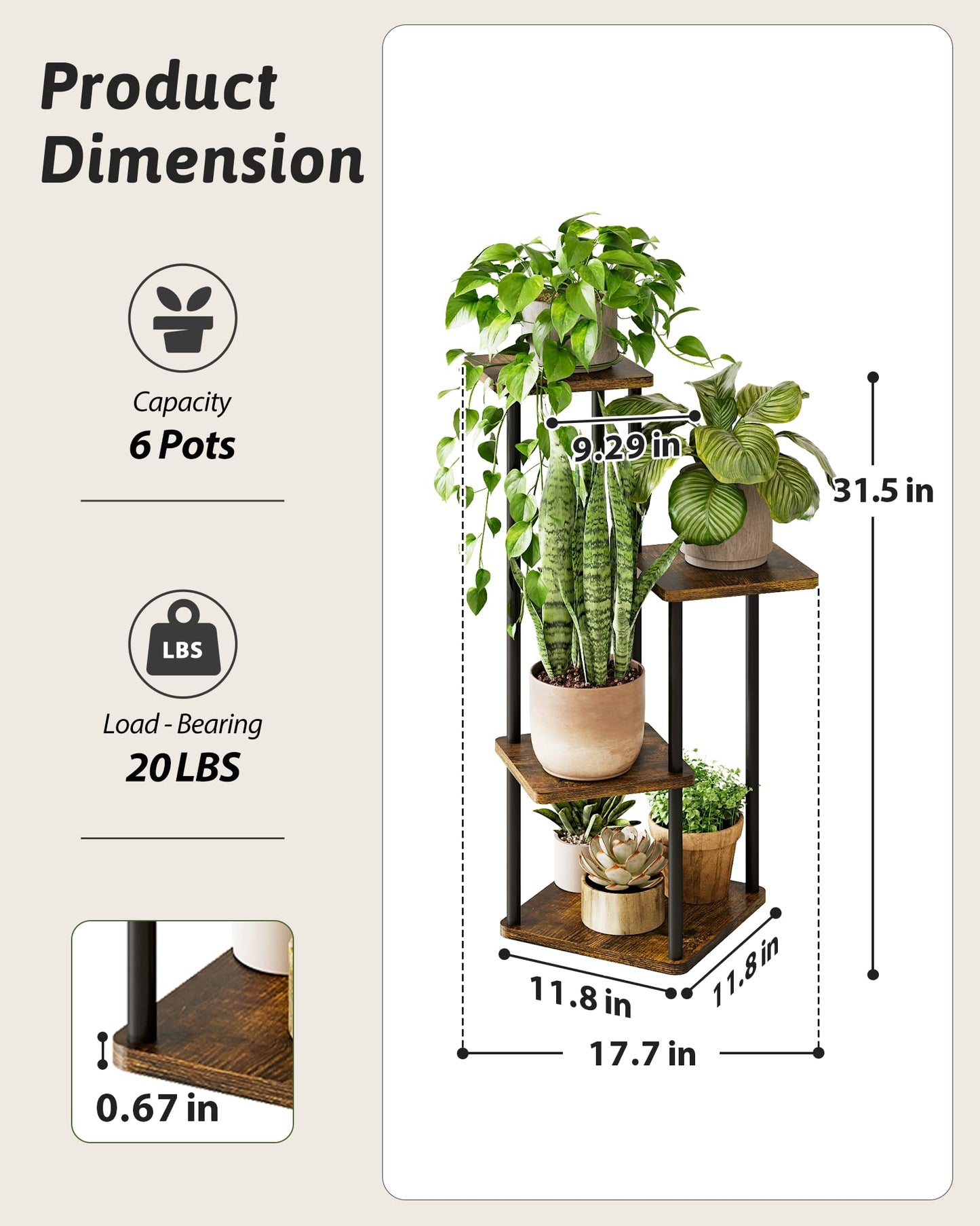 GENTINGBRO Tall Plant Stand Indoor 4 Tiered Plant Shelf for Multiple Plants Coner Shelf Stand Wood Plant Stand Metal Shelving for Living Room Bedroom Balcony Patio Brown Oak