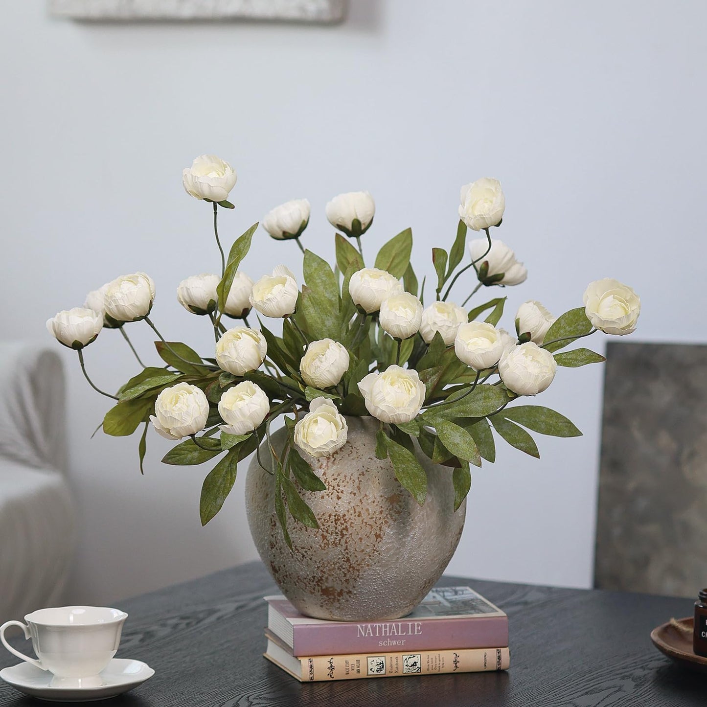 VIERENA 6 Pcs Faux Silk Peony Artificial Flowers for Vase -27", Bulk Fake Peonies Branches with Stems for DIY Bouquet Centerpieces Wedding Fillers Arrangements Shower Decorations (Cream)