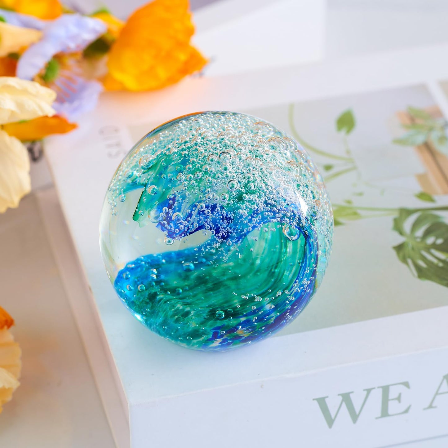 XLSJGYP Crystal Ball Blown sea Glass Art Ornament Collectible Blue Waves Paperweight Figurines Spere Statues for Home Office Decor a Gift for Ocean Lovers Perfect for Men Women (Blue-Crystal Ball)