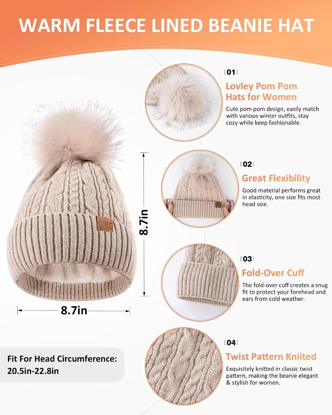 Winter Beanie Hat Scarf Gloves Set for Women, Pom Pom Beanie with Fleece Lined Long Knit Neck Warmer Fingers Touchscreen Gloves, Fashionable Cute Warm 3 in 1 Gift Set for Cold Weather(A-07) Camel