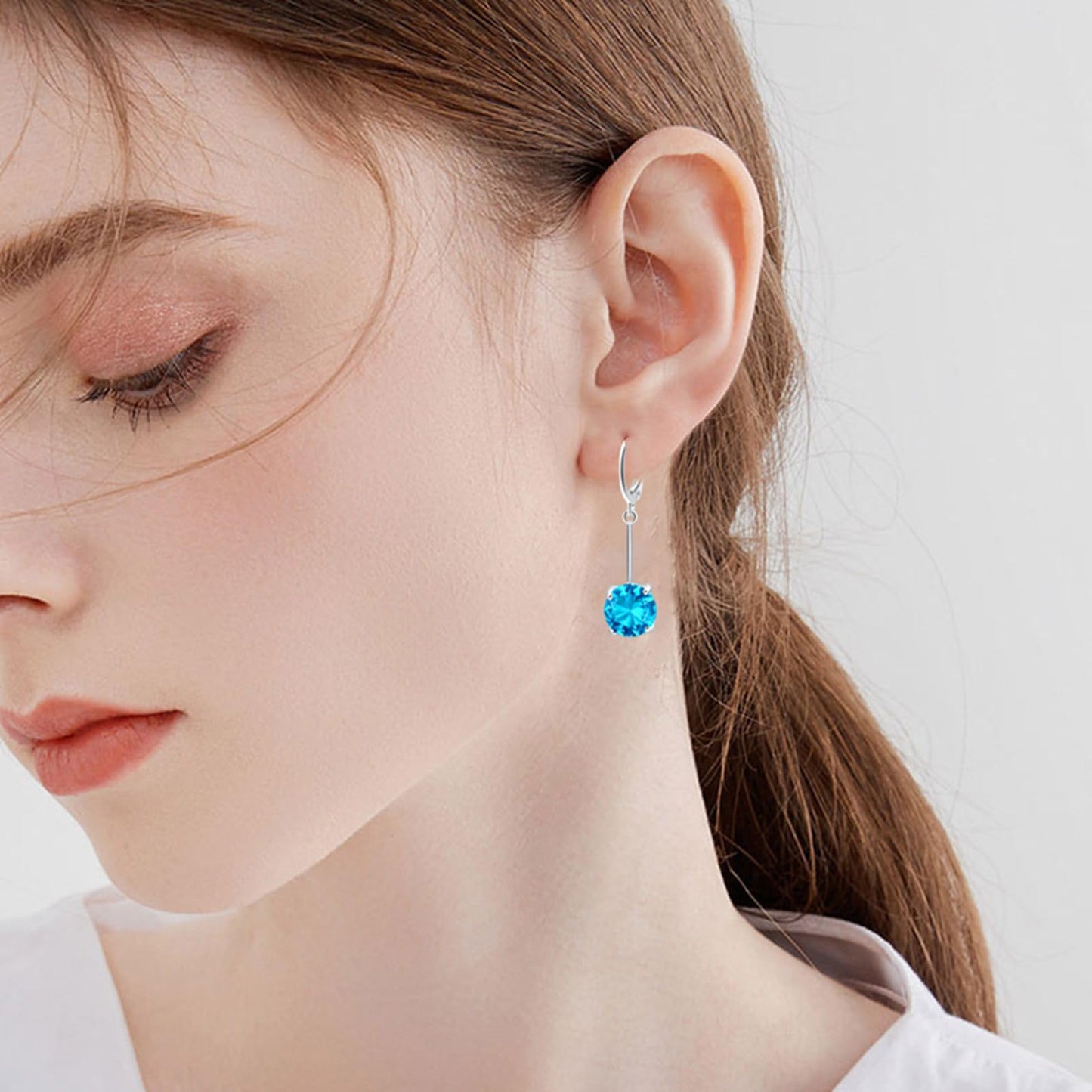 VONSSY Gemstone Drop Dangle Earrings | Platinum /Gold Plated Leverback Crystal Cubic Zirconia Hanging Red /Pink/Blue Earrings (Blue-Gold)