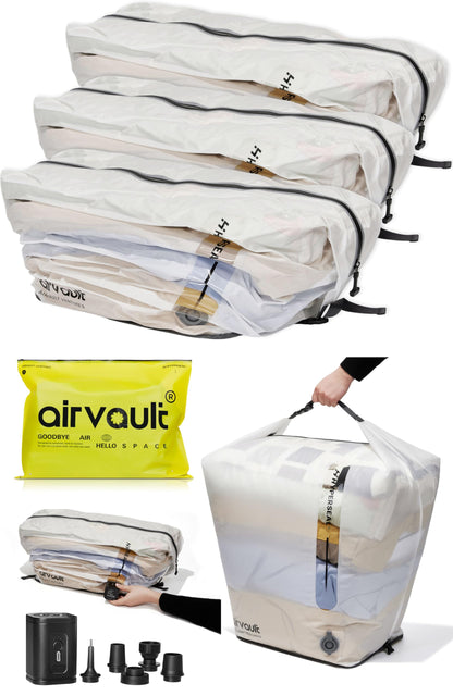 AirVault Premium Reusable Vacuum Seal Storage Bag for Carry On Suitcases & Backpack, Space Saver Airline Travel Vacpack, Pump Included (120L Tapered Duffle, 3-Pack)