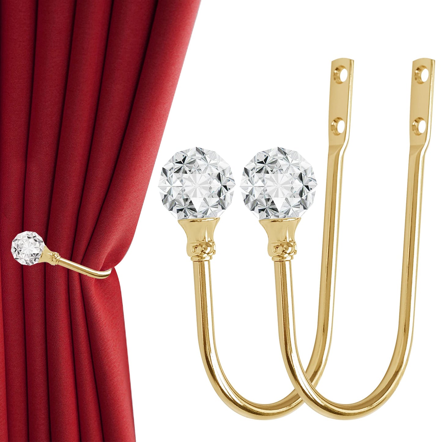 Curtain Holdback, 2pcs Wall Mounted Drapery Tiebacks with Clear Crystal Ball, Heavy Duty Metal Decorative Window Drapery Curtain Holder Curtain Hooks with Screws, Sliver