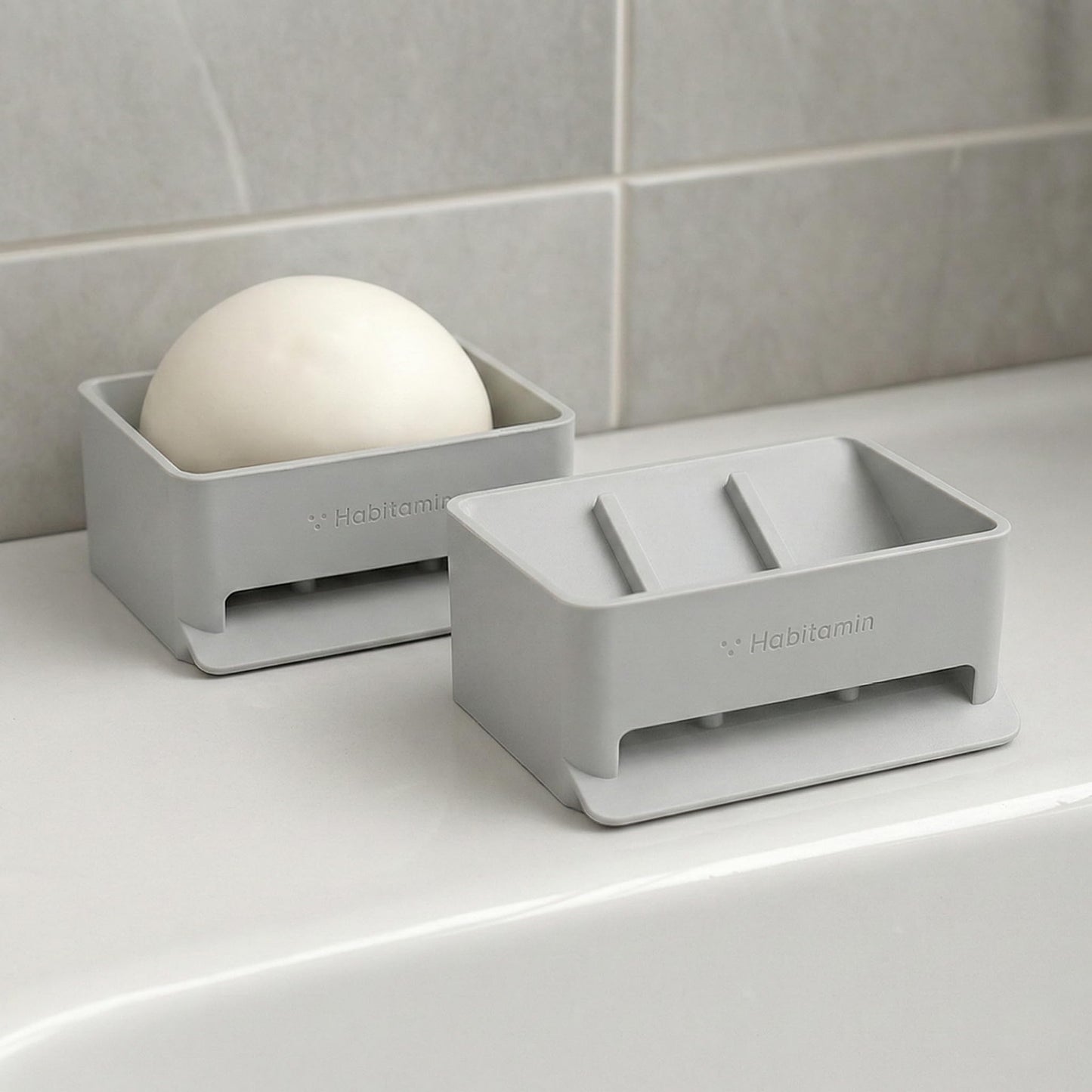 Habitamin Self-Draining Soap Dish – Fast Drying Soap Holder with 3 Suction Cups, Prevents Soap Melt & Water Buildup for Shower, Bathroom & Kitchen (Light Gray)