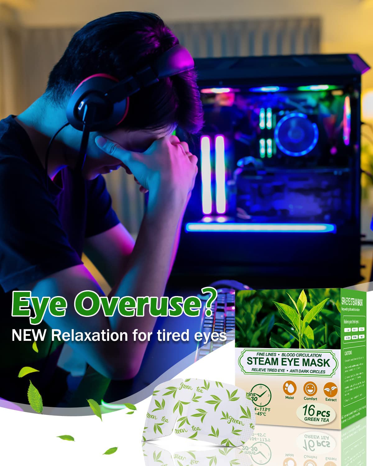 16 Packs Steam Eye Masks for Dry Eyes, Green Tea Warm Eye Mask, Relief Eye Fatigue & Puffy Eyes, Moist Heating Compress for Eyes, Self Heated Eye Mask, Disposable Travel Essentials & Relaxation Sets