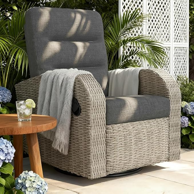 Outdoor Swivel Recliner Chair, All-Weather Wicker Reclining Patio Chair with Adjustable Backrest and Footrest