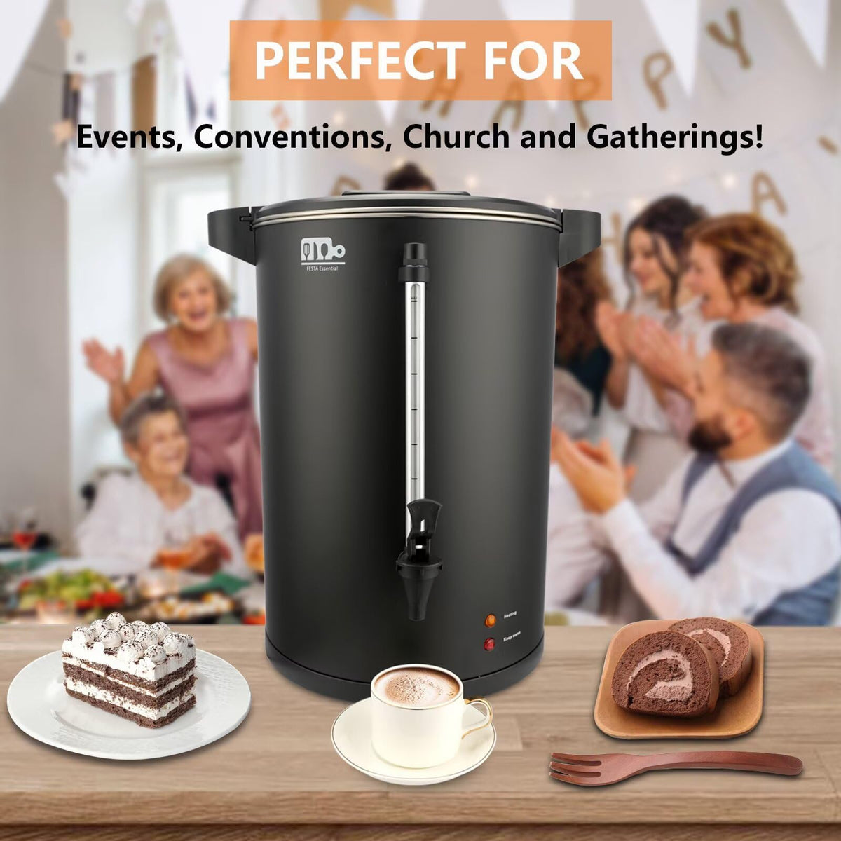 115-Cup 20L Commercial Coffee Urn, Festa Essential 1500W Double Wall Large Percolate Coffee Maker Stainless Steel Hot Water Urn Dispenser with Double Dripless Faucet, Quick-Brewing for Catering, Black