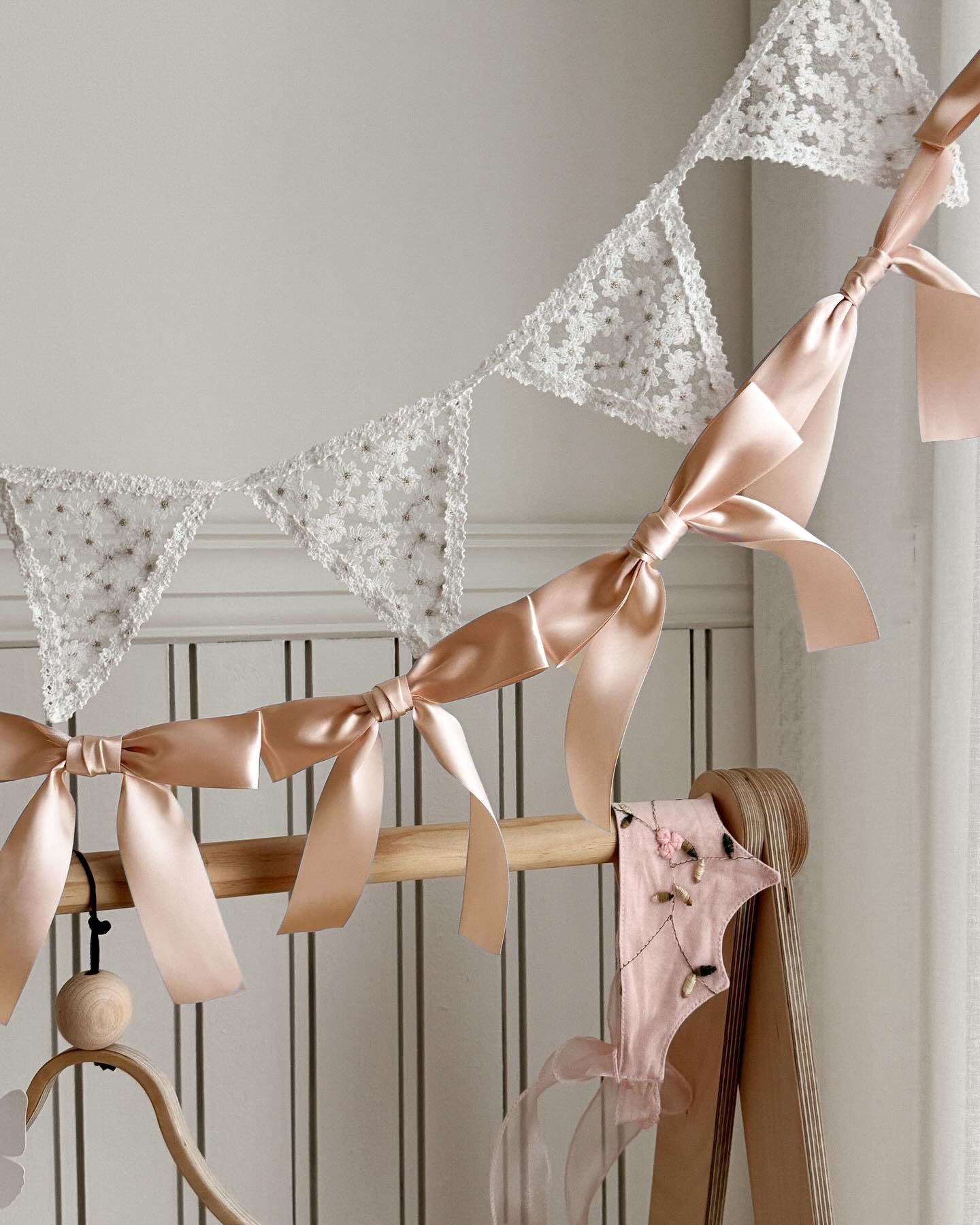 Eanjia Peach Bow Garland Pre-Assembled | 6ft Silk Satin Bow Banner for Coquette Bachelorette Party, Soft Blush Baby Shower,Bridal Shower Wedding Baby Room Bed Decor (Peach, 6ft)
