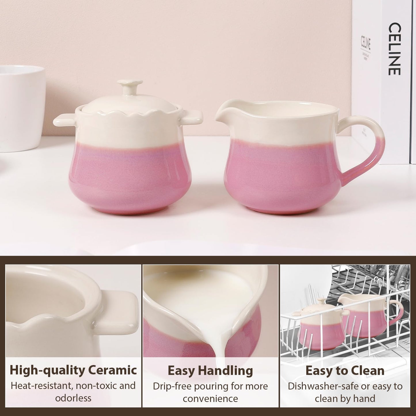 INGOFIN Ceramic Sugar and Creamer Set, 2-Piece French Style Cream Pitcher and Sugar Bowl with Lid, Coffee and Tea Serving Set for Home Kitchen, Microwave & Dishwasher Safe, Pink and Beige